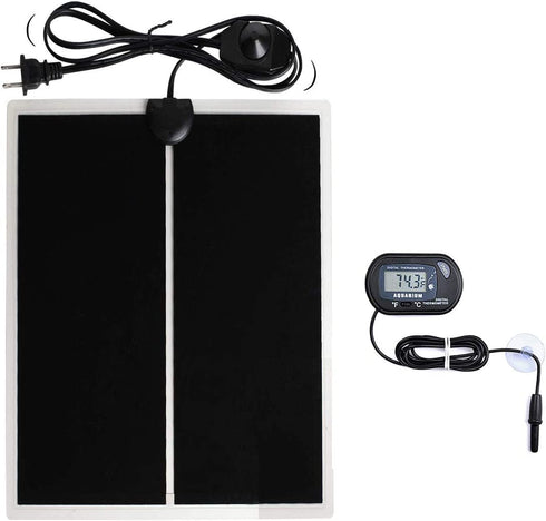 MQ Reptile Terrarium Heat Pad with LCD Digital Thermometer, 6 x 11in Power Adjustment Under Tank Heater Mat for Pets, Small Animals, Seedling, 7W